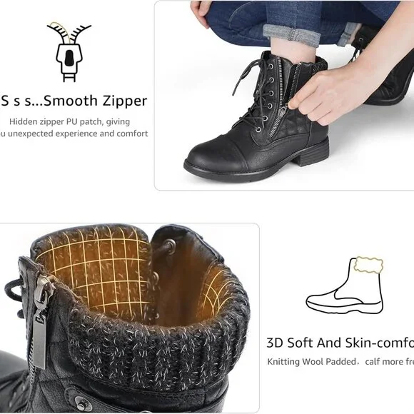 Women's Vegan Faux Leather Combat Booties Ankle Lace Up Rubber Sole